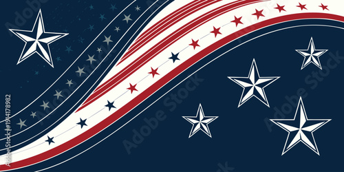 American Independence Day banner with star elements and flowing lines, abstract USA theme background, copy space, vibrant vector design.