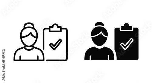 Simple icons of people with clipboards and checkmarks in black and white