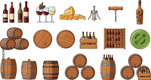 Wine and Cheese Vector Set Featuring Bottles, Glasses, Barrels, Corkscrew, Cellar Storage, and Winery Accessories for Gourmet Designs