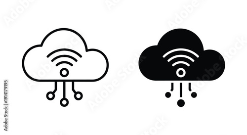 Cloud computing icons with Wi-Fi symbol in simple line art style