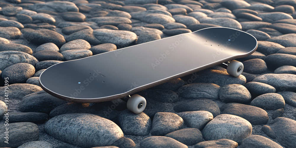 Fototapeta premium Skateboard Mockup on Stylized Pebble Base with Ambient Lighting and Minimal Background