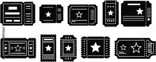 Collection of black ticket stub silhouettes with star icons, vintage cinema and event admission coupons isolated on white background, flat vector illustration set