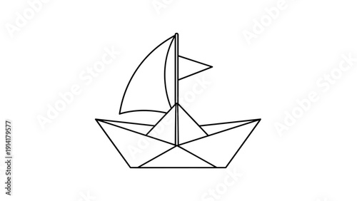 Simple line art drawing of a paper boat with a mast and two sails provides a minimalist and clean nautical symbol.