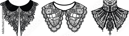 Three black lace collars with intricate floral and geometric patterns floral patterns