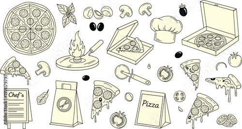 Pizza restaurant doodle illustration set with slices, ingredients, chef hat and oven, hand drawn Italian food elements for menu and branding design