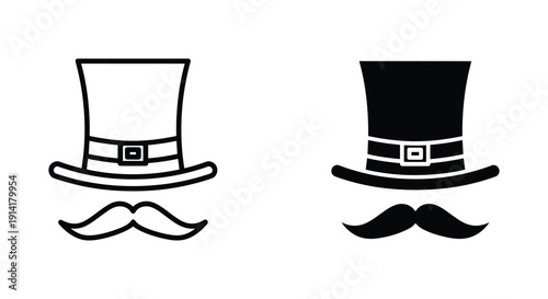 Stylized top hat and mustache icons in black and white minimalist design