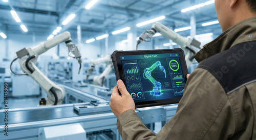 Engineer using tablet to control industrial robot arms in automated factory digital twin simulation interface