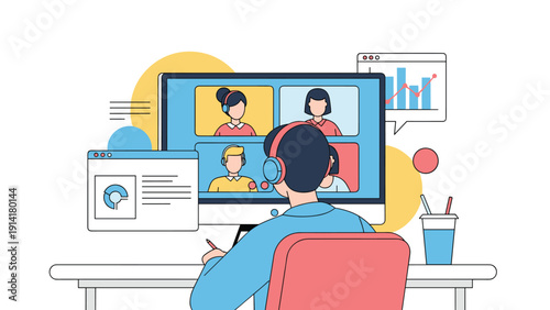 Professional businessman participating in an online video conference with multiple colleagues while working from home using desktop computer.