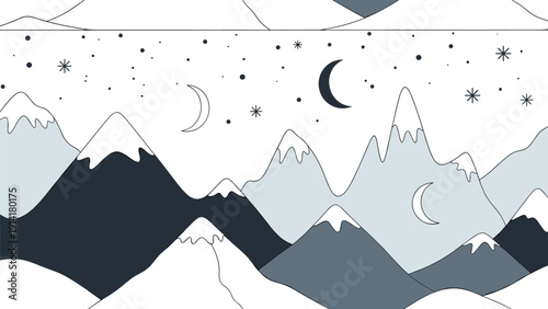 Seamless mountain landscape pattern featuring snowy peaks under a starry night sky with crescent moons and celestial stars for backgrounds.