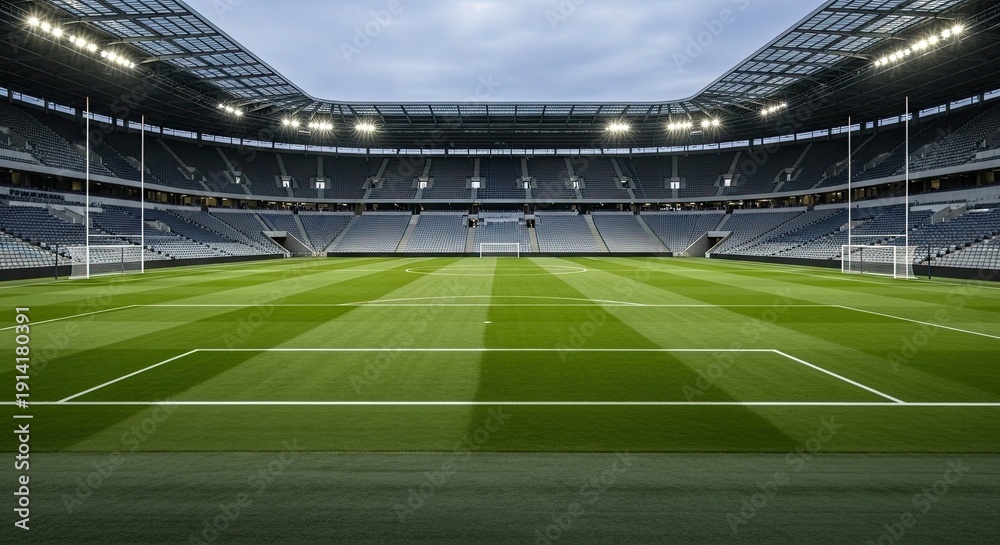 Fototapeta premium Empty football stadium green field day time overhead lighting perspective