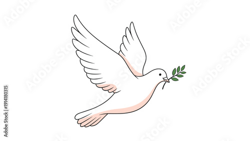 Graceful white dove flying while carrying a small green olive branch in its beak representing a universal symbol of peace and hope.