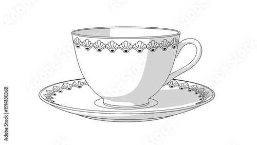 Classic ceramic teacup sitting on a matching saucer decorated with a decorative shell pattern border for high tea or kitchenware themes.