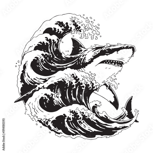 A fierce shark emerging from a turbulent wave teeth