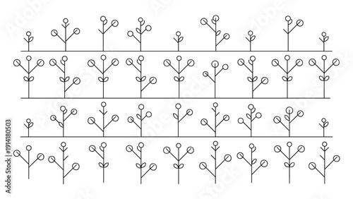 Minimalist pattern of stylized trees with round tops arranged on horizontal lines in a clean black and white graphic design for decor.