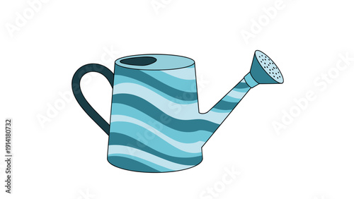 Decorative watering can with a teal and blue wavy striped pattern design for gardening enthusiasts and home plant care illustrations.