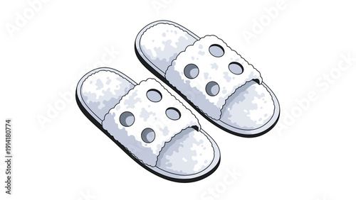 Comfortable pair of white fuzzy slippers with a simple hole pattern design for home relaxation and spa theme illustrations on white.