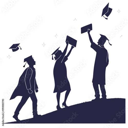 Graduates tossing caps in air on hill graduation silhouette