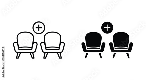 Simple chair icons with plus sign addition symbol in minimalist style