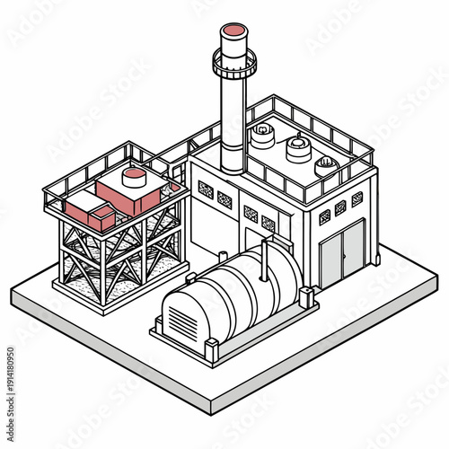 Isometric view of industrial power generation facility with smokestack and generator