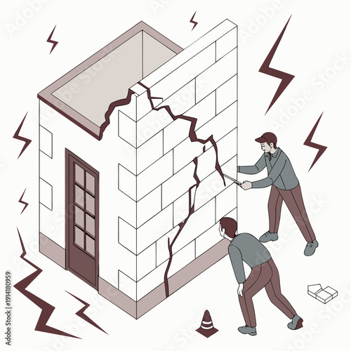 Men trying to repair large cracks in a brick building