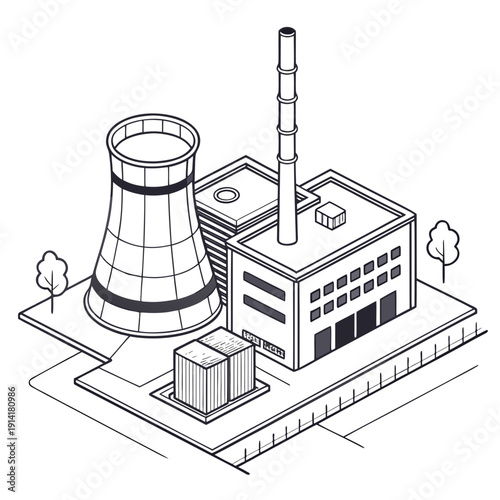 Isometric view of a nuclear power plant with cooling tower