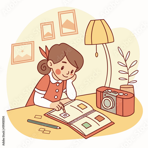 Young woman carefully arranging cherished travel memories in a photo album, a keepsake for adventures.