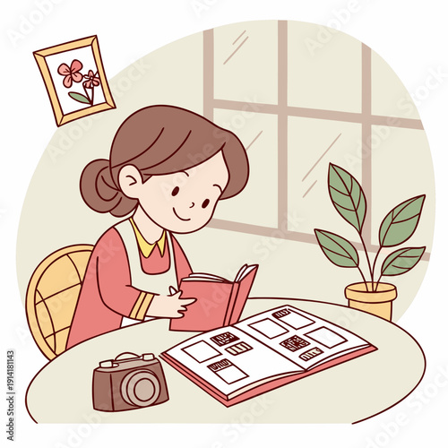 Young woman diligently organizing a travel photo album, creating a beautiful scrapbook of past adventures.