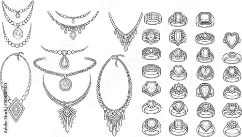 Hand-drawn jewelry collection featuring elegant diamond rings and intricate gemstone necklaces with detailed line art sketches isolated on white background for luxury boutique branding.
