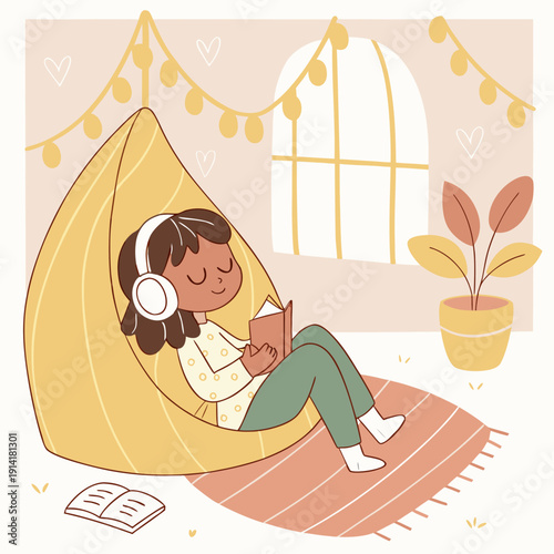 Woman relaxing on a cozy bean bag chair with headphones, enjoying music in a comfortable, serene home environment.