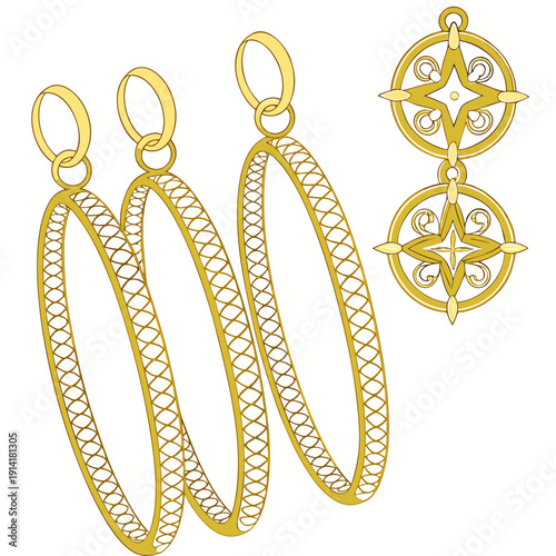 Gold jewelry earrings with compass and hoop hoops
