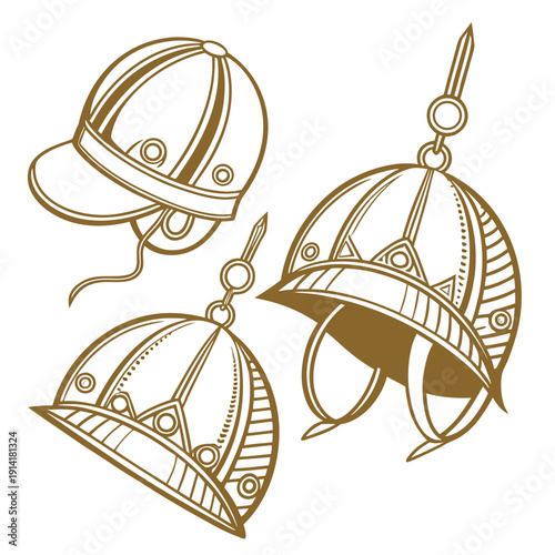 Gold medieval helmets with visors and spikes armor