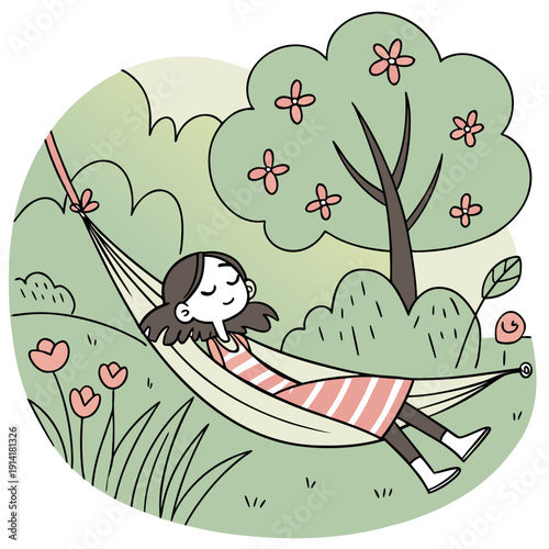 A young woman finds a moment of peace and tranquility as she relaxes with her eyes closed in a comfortable hammock outdoors.