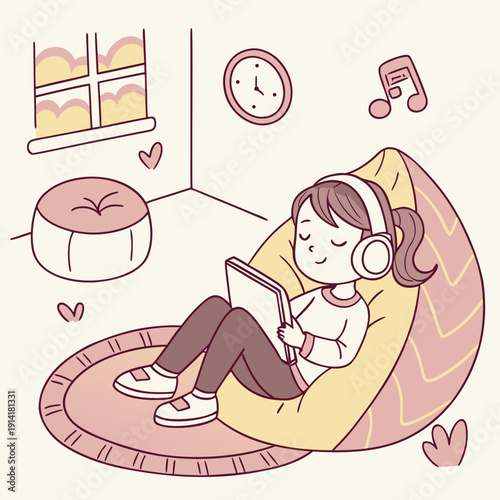 Young woman in headphones relaxes on a cozy bean bag chair, enjoying music or a podcast in a comfortable home setting.