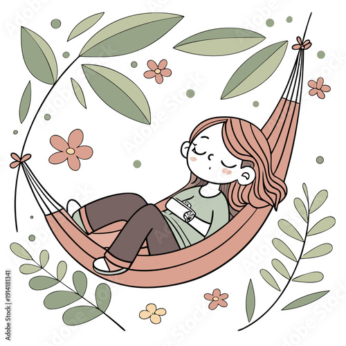 Serene young woman with eyes closed rests peacefully in a hammock, embracing a moment of quiet relaxation outdoors.