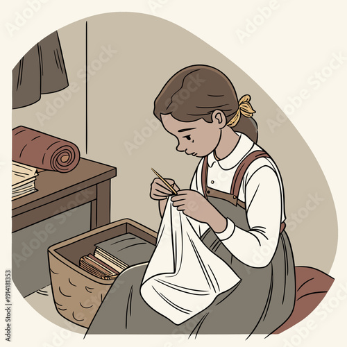 A young woman thoughtfully mends a rip in her clothing, embodying a spirit of repair and mindful consumption.