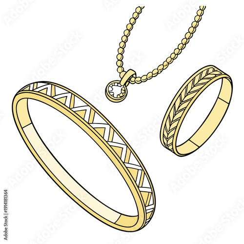 Gold jewelry bangles and chain with pendant