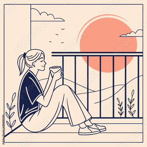 Minimalist illustration of a young woman peacefully sipping herbal tea on a balcony at sunset, embracing a calm, serene mood.