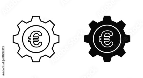 Euro currency symbol in gear icon set on white and black background with copy space