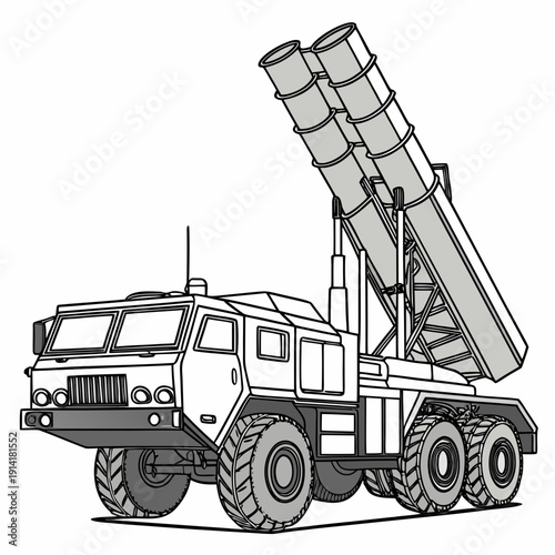 Gray missile launcher truck with three missiles vehicle