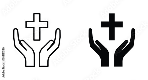 Hands holding Christian cross symbolizing faith and protection in simple line art design