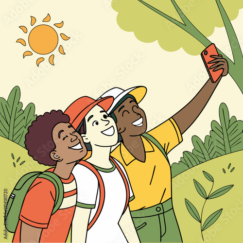 Group of friends cheerfully taking a selfie outdoors, capturing a spontaneous moment of connection and fun without holding phones.