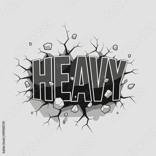 Heavy word breaking through cracked wall, 3D text effect, impact, power, destruction