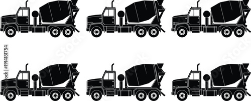Concrete mixer truck silhouettes set, heavy construction vehicles for building industry, transport equipment collection, engineering, delivery and infrastructure concept