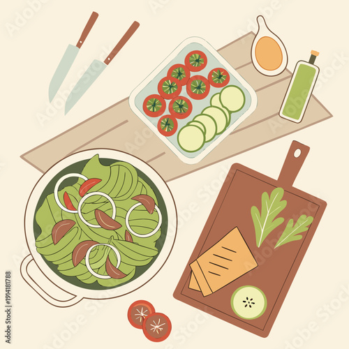 Top-down view of a healthy meal prep scene on a dining table featuring fresh vegetables, fruits, and lean protein for balanced nutrition.