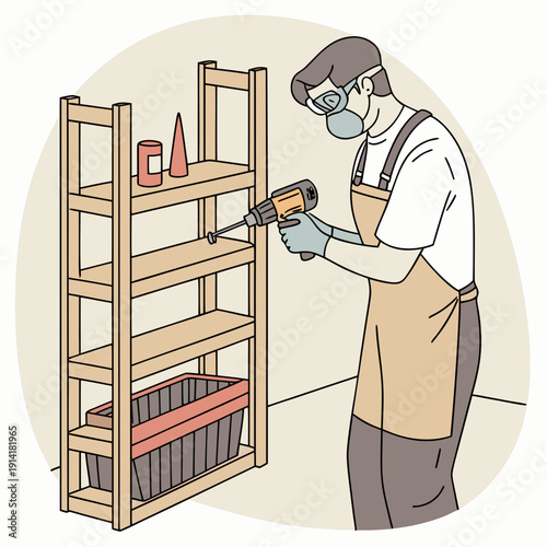 Man focused on assembling a DIY wooden shelf, a rewarding home improvement project.