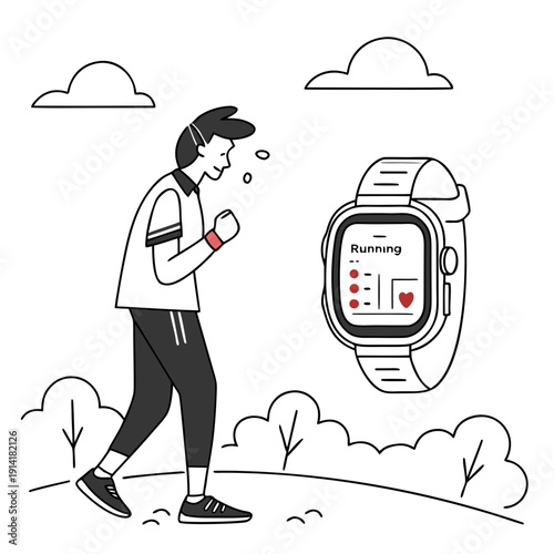 Focused man checks his modern smartwatch after an intense outdoor run, assessing fitness data with a determined expression.