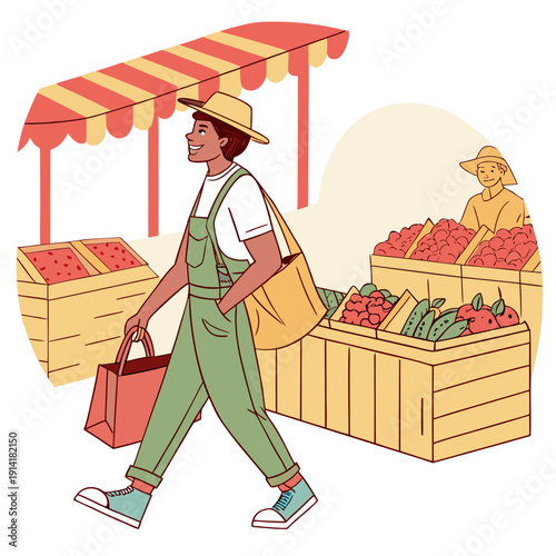 Man happily carrying reusable cloth shopping bags at a vibrant farmers market, promoting sustainable shopping.