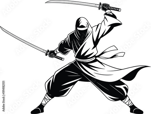 Ninja warrior silhouette brandishing twin katana swords, dynamic Japanese martial arts fighter in motion, stealth, combat and action illustration