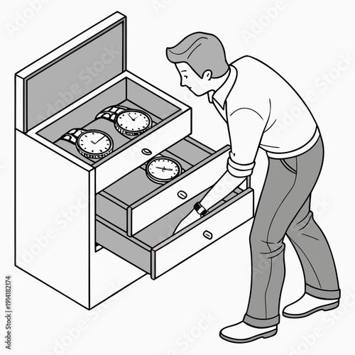 Man carefully chooses a stylish wristwatch from a neatly organized drawer, contemplating his daily accessory.