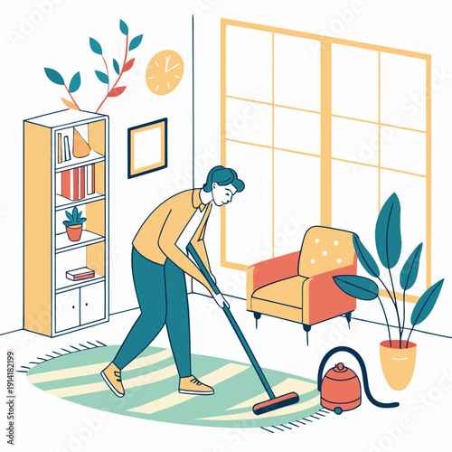 Man vigorously cleans his bright apartment with a vacuum cleaner on a sunny day, creating a fresh and tidy living space.